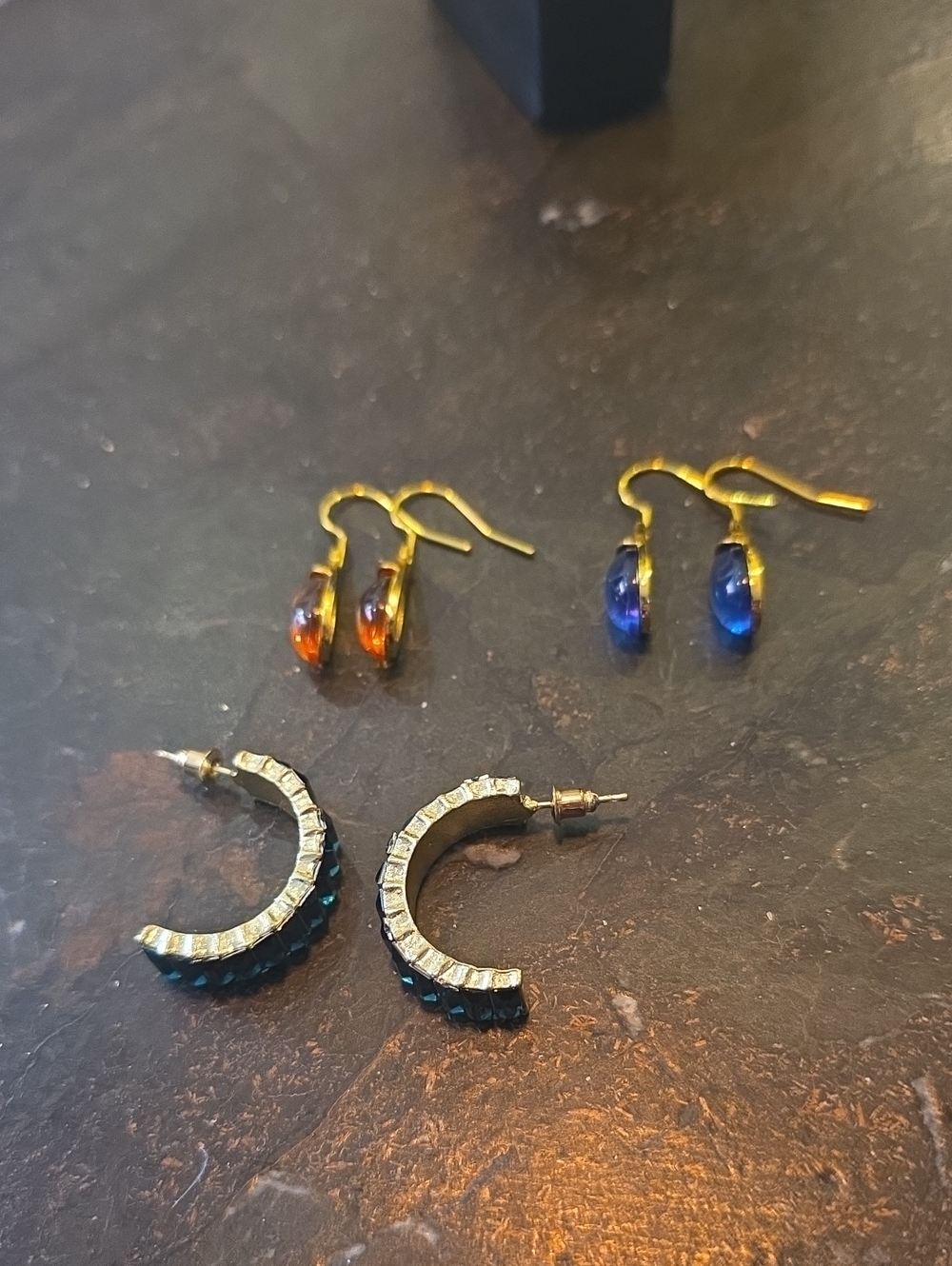 Gold Drop Earrings with Blue and Orange Crystal Accents
